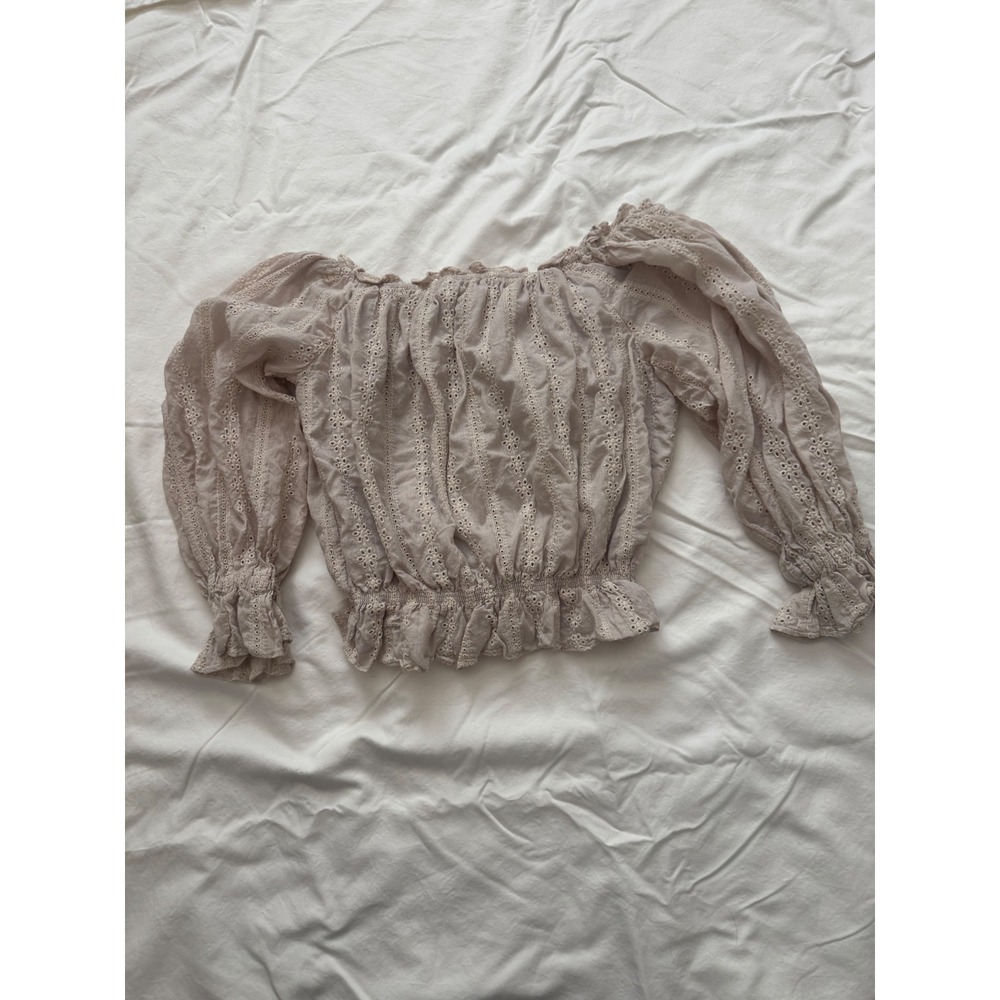 Dress Forum Los Angeles Eyelet Lace Off Shoulder Smocked Crop Top Beige Large